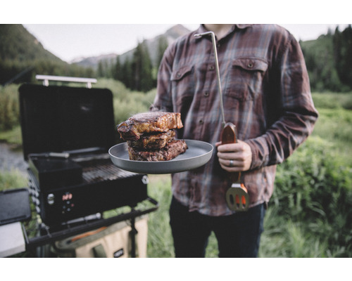 Mann mit Grill, Spachtel und Teller mit Steaks im Freien