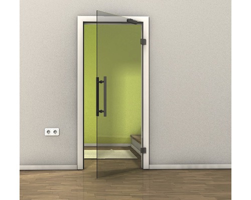 Porte en verre ouverte avec poignée et cadre de porte dans une pièce