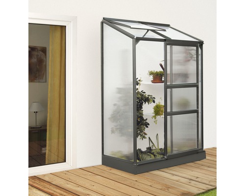 Anlehngewächshaus Vitavia Ida 900 Hohlkammerplatten 4 mm 131x69 cm schwarz Gewächshaus Anlehngewächshaus aus Aluminium und Glas mit Pflanzen