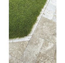 Aménagement paysager de jardin avec pelouse et dalles en pierre