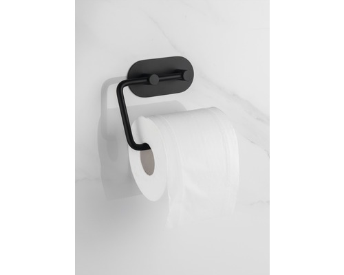 Support à papier toilette noir avec rouleau de papier toilette sur le mur