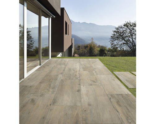 Dalle de terrasse en grès cérame fin FLAIR STONE Wood Light Brown bord rectifié 90x45x2 cm