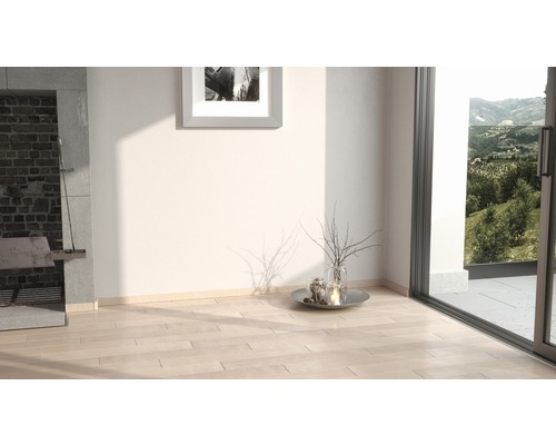 Innenraum mit Holzboden, Kamin und Fensterfront