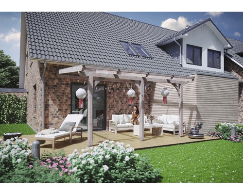 Toiture pour terrasse SKAN HOLZ Rimini, 434x250 cm sapin de Douglas Terrasse en bois avec pergola, mobilier de jardin et décoration devant une maison d''habitation
