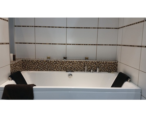 Salle de bains avec baignoire, mur carrelé et éléments décoratifs