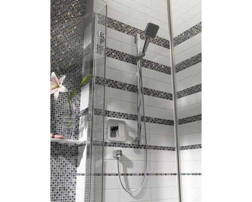Dusche mit Mosaikwand und Handbrause