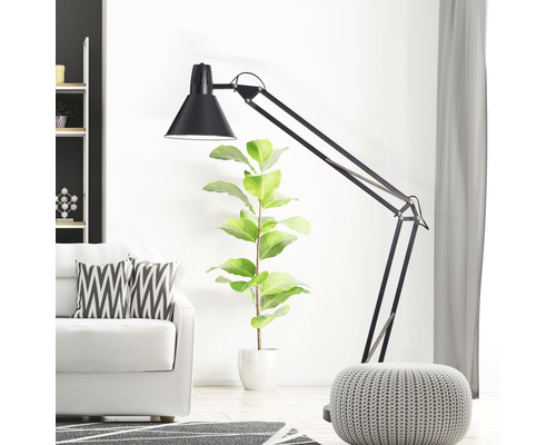 Lampadaire avec potence à côté d''une plante et d''un canapé dans un salon.