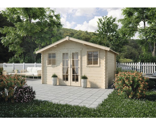 Blockbohlenhaus Konsta Bergen 45 mm mit Fussboden 380x280 cm natur Blockbohlenhaus Konsta Bergen 45 mm mit Fussboden 380x280 cm natur