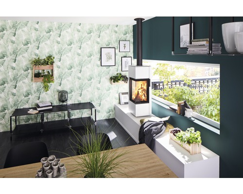 Salon avec poêle à bois, plantes et décoration