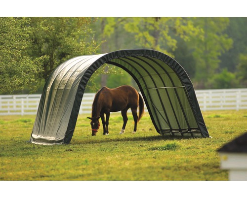 Pferdeunterstand mit braunem Pferd auf einer Wiese