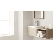 Badezimmer mit Waschbecken, Armatur, Spiegel und Handtüchern