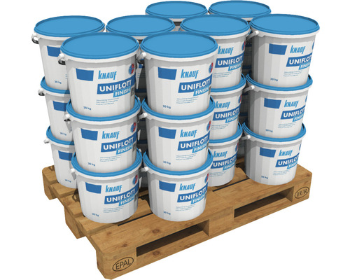 Palette avec plusieurs seaux d''enduit de finition Knauf Uniflott