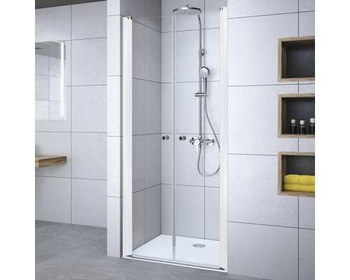 Duschtür in Nische mit Pendeltür BREUER Elana 80 cm Profil weiss Klarglas Türanschlag links Türanschlag rechts Puffergriff Duschkabine mit transparenter Glastür im Badezimmer.