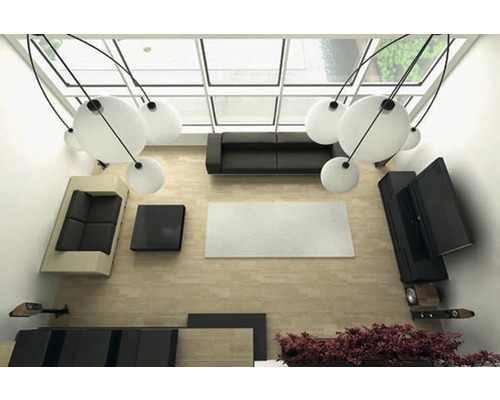 Ansicht von oben auf ein Wohnzimmer mit Sofa, Tisch, Deckenleuchten und Zimmerpflanze.