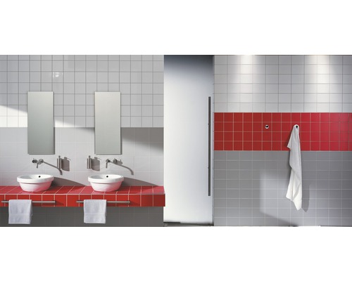 Salle de bain avec deux lavabos, miroirs et carrelage