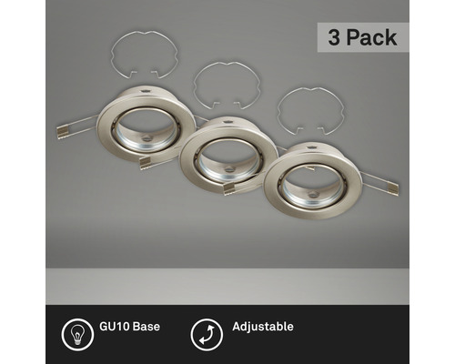 Set d'éclairages encastrés 3 pces IP23 pivotant nickel/mat Ø 8,6/6,8 cm 230 V Trois spots encastrables avec douille GU10 et clips de fixation, réglables