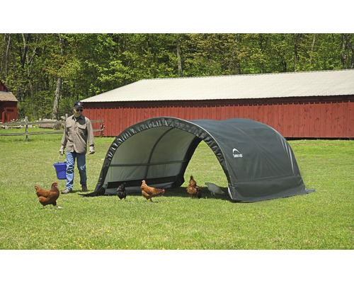 Élevage en plein air avec des poulets et une tente d''écurie sur une pelouse