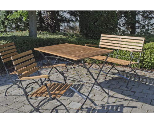Ensemble de meubles de jardin Acamp en fer 4 pièces, composé de 1 table Lindau + 2 fauteuils de jardin sans dossier + 1 banc de jardin Lindau en acacia pliable