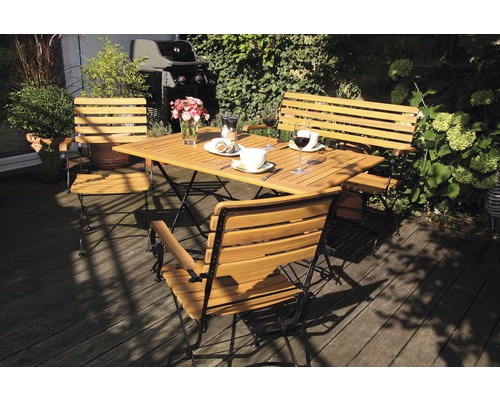 Ensemble de meubles de jardin Acamp en fer 4 pièces, composé de 1 table Lindau + 2 fauteuils de jardin avec dossier + 1 banc de jardin Lindau en acacia pliable