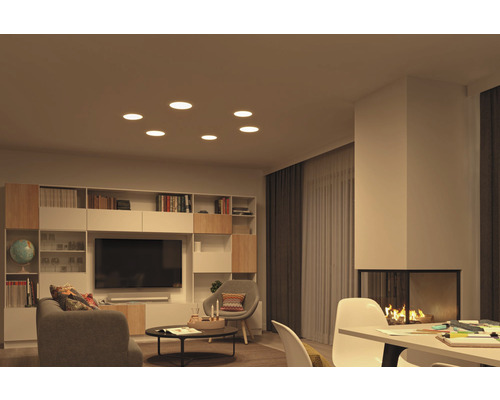 Salon avec spots intégrés au plafond, bibliothèque, télévision et cheminée.