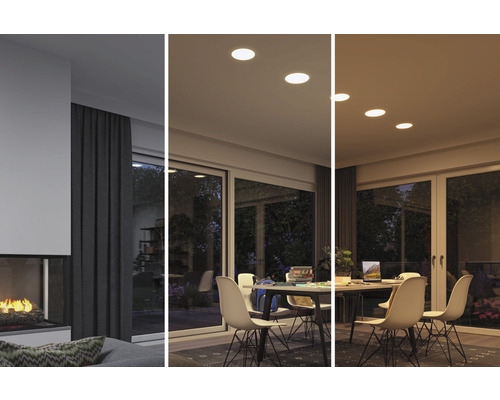 Vue intérieure avec différents réglages d''éclairage grâce à des spots encastrés au plafond