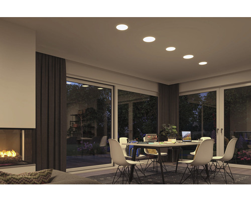 Salon avec cheminée, table à manger, chaises et plafonniers