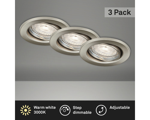 Set éclairage LED à encastrer 3 pces à intensité lumineuse variable IP23 3x5W 3x460 lm 3000 K blanc chaud pivotant nickel mat Ø 86/68 mm 230V