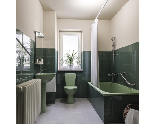 Salle de bain avec baignoire, lavabo, toilettes, radiateur, fenêtre et plantes