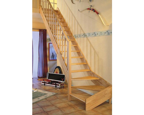 Escalier à limon latéral escalier de meunier Pertura Elenie hêtre bois lamellé-collé sans contremarches 1/4-tournant en bas à gauche 16 marches / 17 pas de marche garde-corps à barres verticales