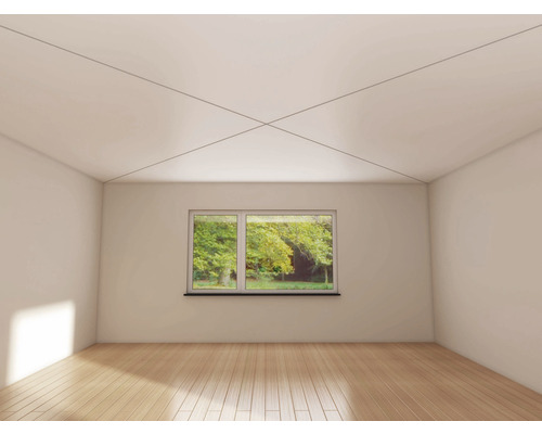 Heller Raum mit Fenster, Holzboden und Deckenprofilen