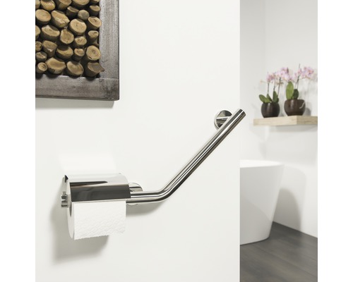 Toilette mit Haltegriff und Toilettenpapierhalter im Badezimmer