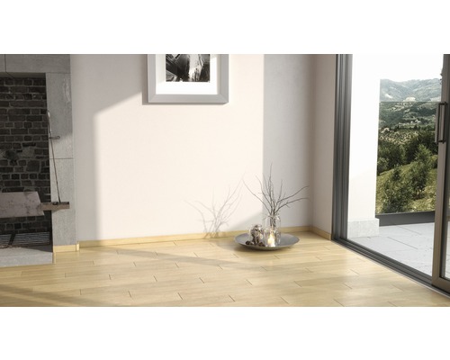 Pièce lumineuse avec parquet, cheminée et vue sur la verdure