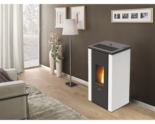 Wohnzimmer mit Pelletofen, Stehlampe und Dekoration