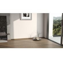 Pièce lumineuse avec parquet, cheminée et vue sur la verdure