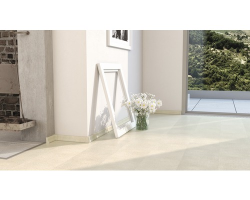 Pièce lumineuse avec carrelage, plinthes, cadres et vase de fleurs