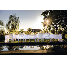 Table à manger dressée pour une fête avec des chaises blanches dans le jardin