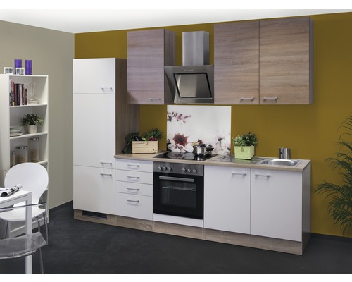 Cuisine claire avec éléments hauts et bas, appareils électriques et évier