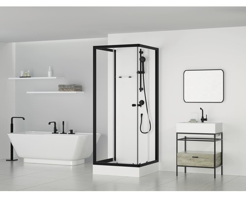 Douche accès d'angle Aurlane Multi Place 80 x 80 cm couleur de profilé noir verre transparent