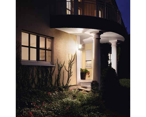 Hausfassade mit Aussenbeleuchtung, Fenster und Begrünung