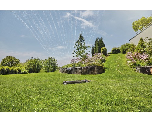 Rasensprenger bewässert einen grünen Garten mit Bäumen und Pflanzen