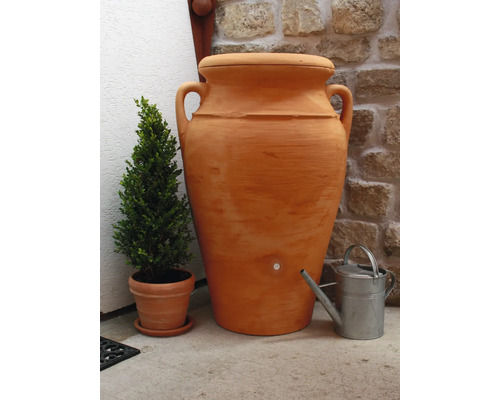 Amphore de stockage d''eau couleur terre cuite avec robinet, à côté d''un arrosoir et d''un pot de buis