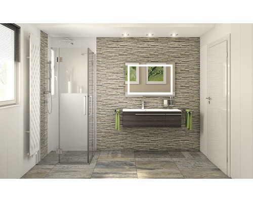 Modernes Badezimmer mit Dusche, Waschtisch und Spiegel