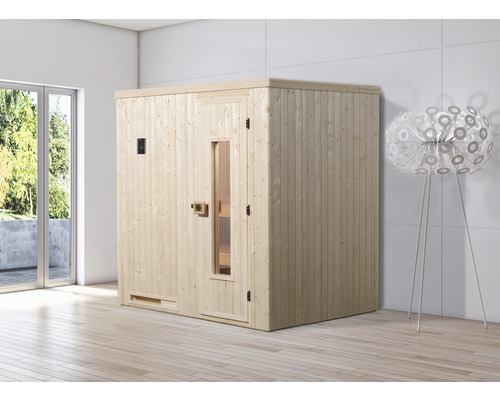 Sauna modulaire Weka Halmstadt HAT taille 1 avec poêle bio 7,5 kW et commande numérique, avec portes en bois et vitrage à isolation thermique