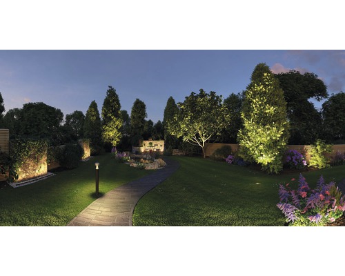 Beleuchteter Garten mit Bäumen, Blumen und Steinweg