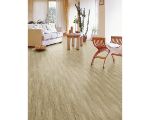 Salon lumineux avec plancher en bois, canapé, table et chaises.