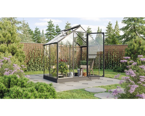 Serre de jardin avec plantes et outils