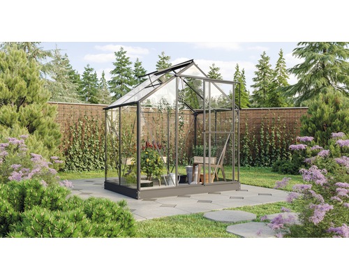 Serre Vitavia Triton 2500 verre de sécurité trempé 3 mm fondation et gouttière comprises, porte coulissante ou battante 197x131 cm noir