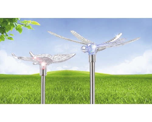 Zwei Gartenstecker mit Libellenmotiv im Rasen