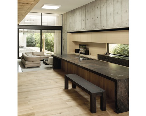 Helles Wohnzimmer mit offener Küche, Betonwand und Holzboden