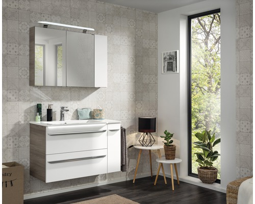 Salle de bain moderne avec meuble-lavabo, armoire de toilette et décoration
